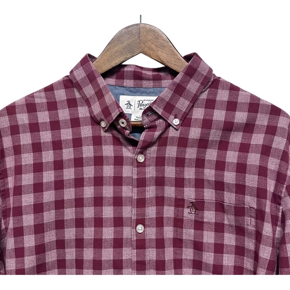 Penguin Shirt Mens Size XL Burgundy Red Plaid Casual Button Up Long Sleeve Basic